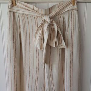 Potter's Pot Sz S Paperbag High Waist Wide Leg Belted Pants Ivory Brown Stripes‎